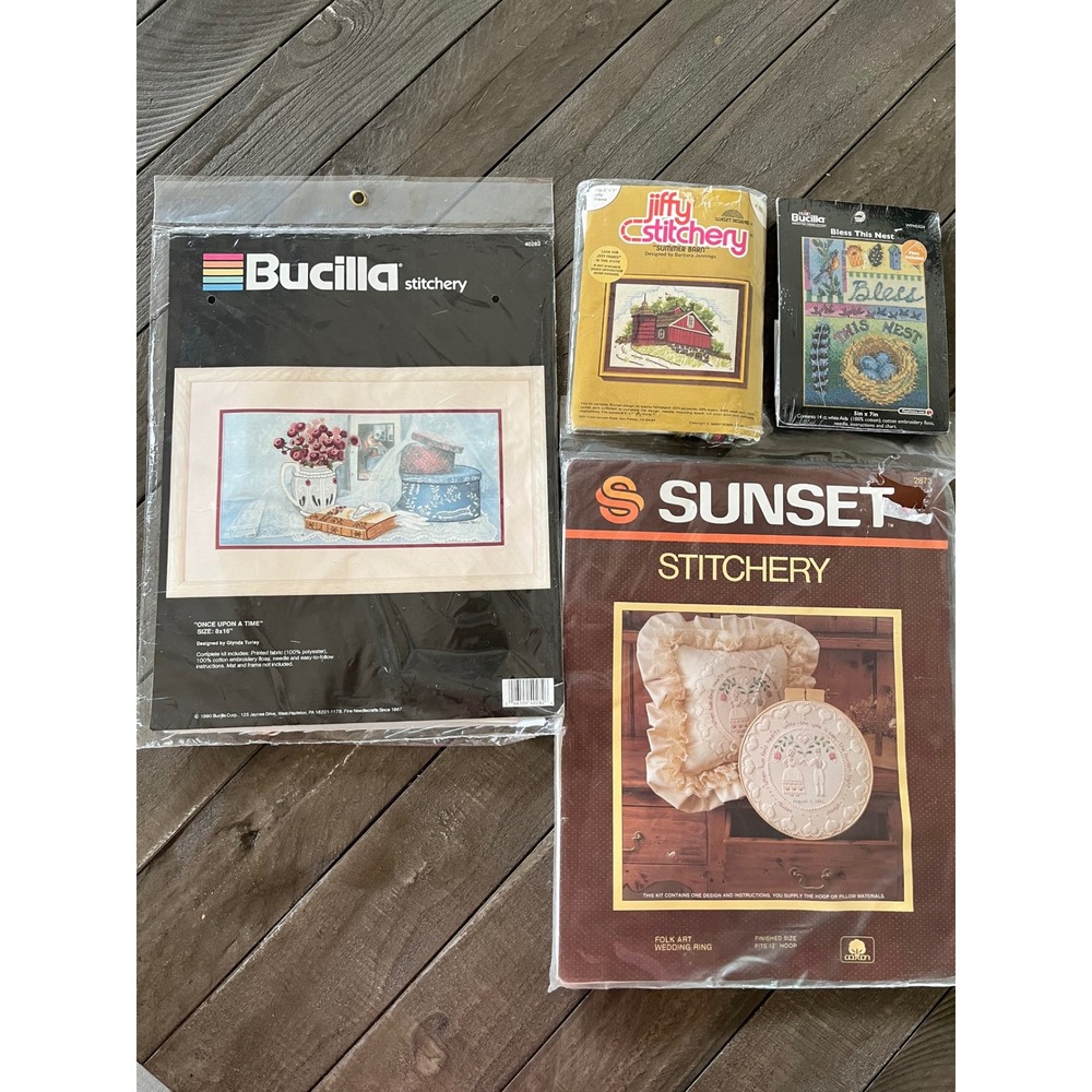 Vintage Embroidery Kit Lot Bucilla Sunset Jiffy Crewel Needlepoint 4 Kits Total‎